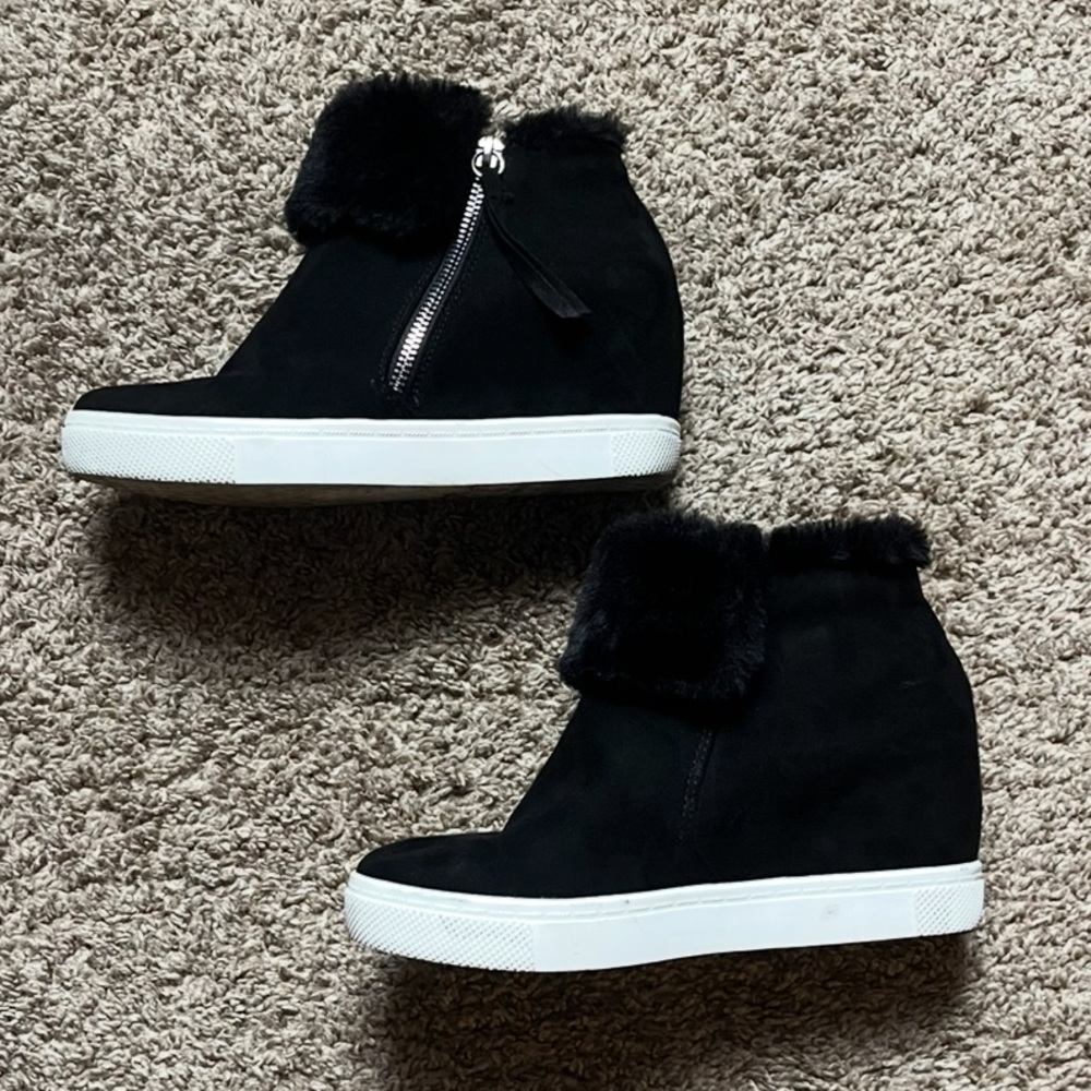 Black Suede Furry Sneaker Wedge Booties